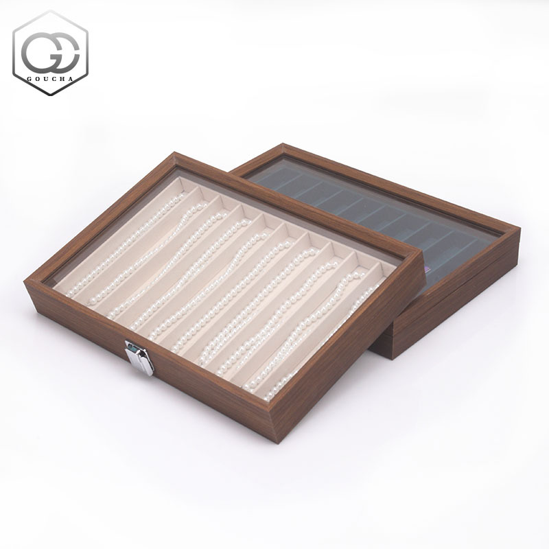 Black Walnut Color Pearl Necklace Display Box Pen Bead Storage Box Transparent Glass Jewelry Rack