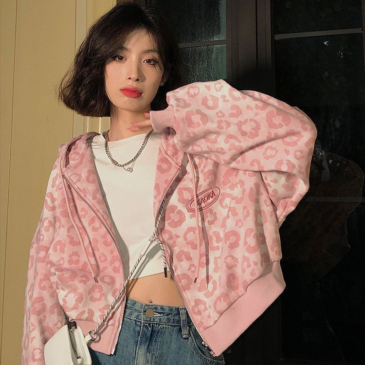 2025 Pink Leopard Print Short Cardigan Jacket Women's Spring and Autumn New Loose Hong Kong Style Retro Hooded Sweatshirt Trendy