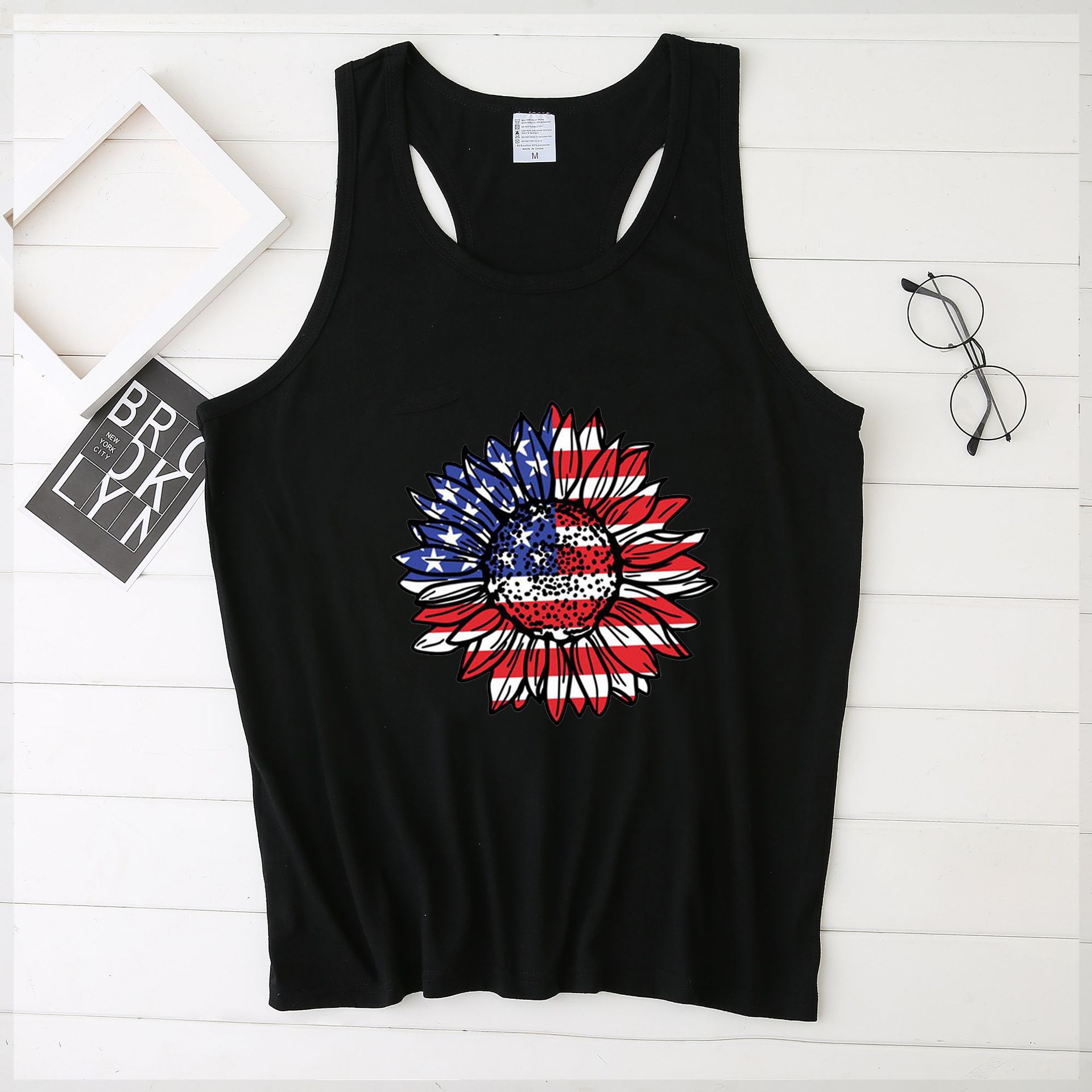 Cross-border European and American manufacturers wholesale summer vest plus size loose sunflower and American flag art printing