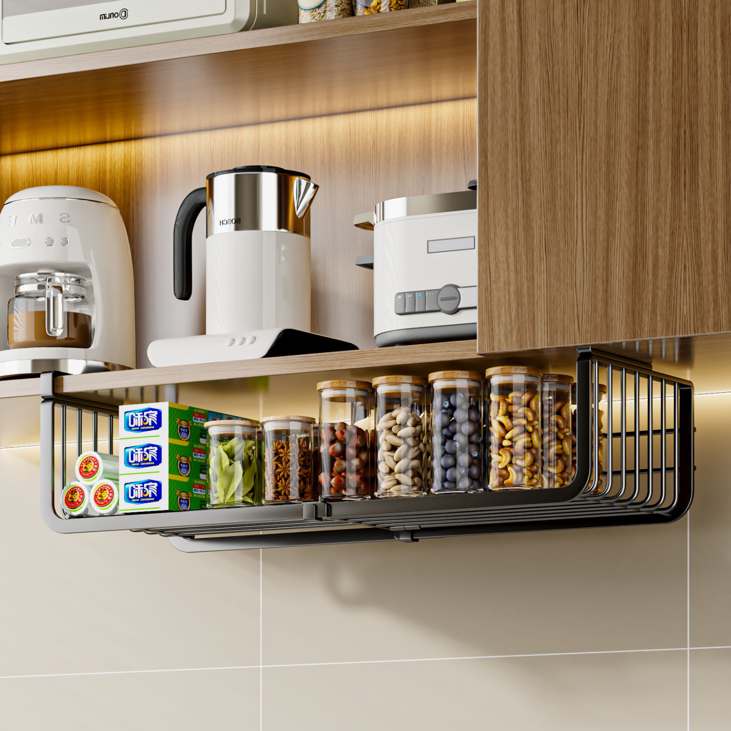 Picture of Kitchen Storage Rack Retractable Hanging Layered Seasoning Hanging Hanging Hanging Basket under Cabinet Inner Hanging Cabinet