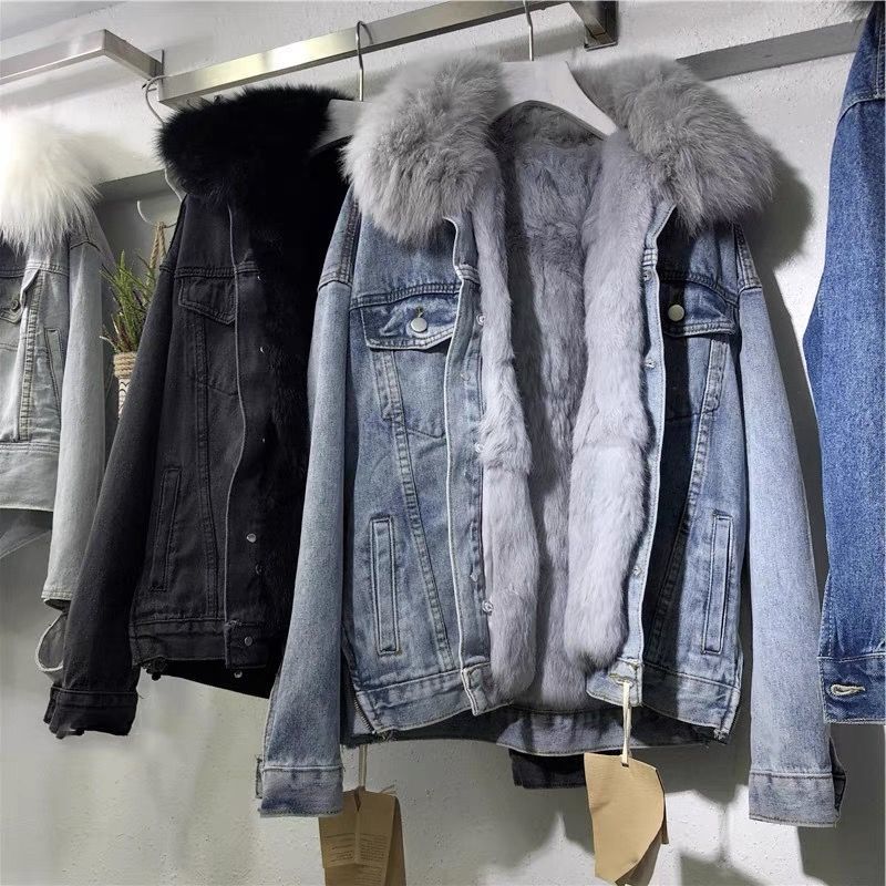 Large fur collar Denim coat women's short 2024 Winter South Korea new versatile loose fleece-lined thick cotton-padded coat cotton-padded coat