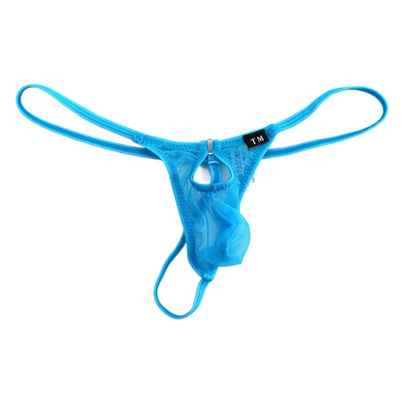 New boys gauze permeable bag thong men's transparent iron ring hollow underwear men's T pants retail wholesale