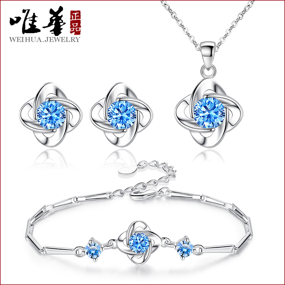 Lucky Four-leaf Clover Necklace Pendant Set Women's Summer Couple Bracelet Cute Elegant Blue Leaf Ear Jewelry