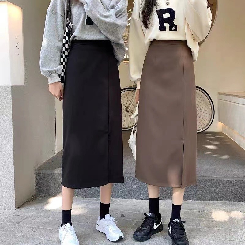 2023 Autumn and Winter French Hepburn Style Black A-Line Skirt High Waist Slim Drape Side Slit Mid-Length Skirt