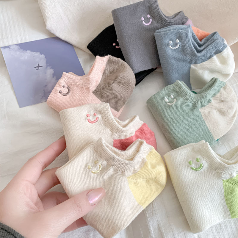 Socks summer thin women's solid color smiley face embroidered cotton socks wholesale boat socks do not fall with women's short socks academic wind ins tide