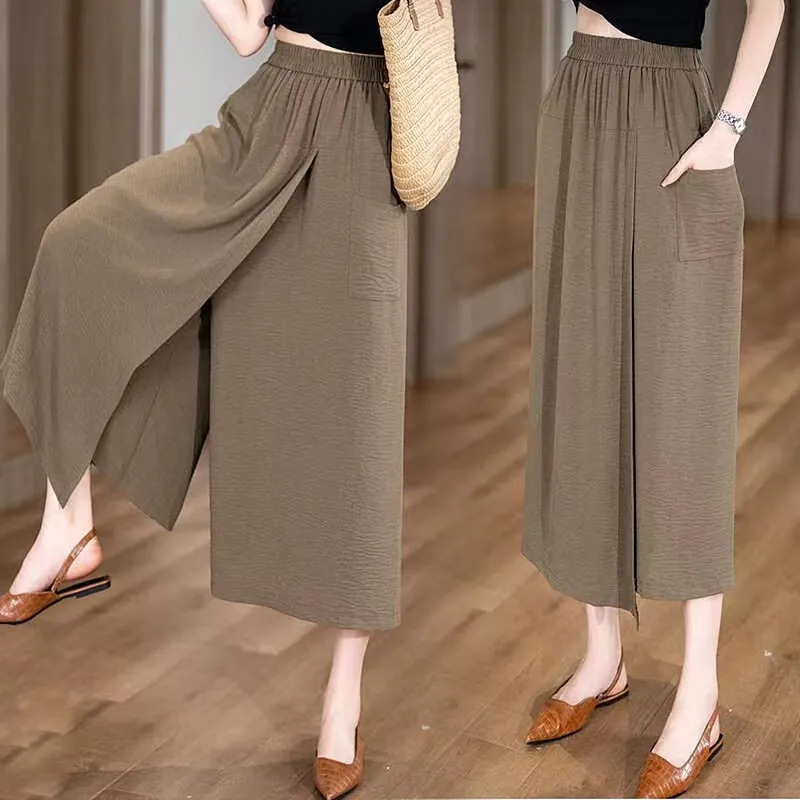 Summer Thin Loose High Waist Split Lazy Style Casual Culottes Thigh Thick and Slim Eight-point Wide-leg Pants for Women