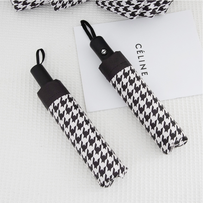 Picture of Wholesale Fully Automatic 70% off Sunny Umbrella Houndstooth Plaid Foldableing Umbrella Vinyl Anti-Uv Sun Protection Sunshade Umbrella