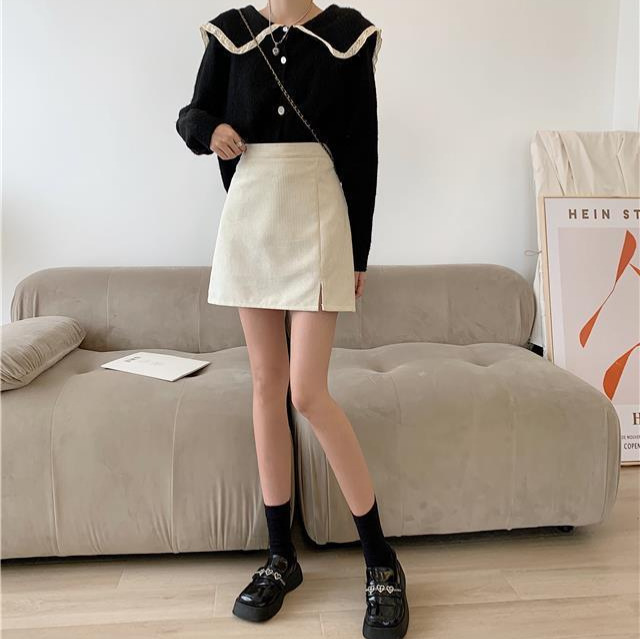 Chanel style corduroy skirt autumn and winter New High waist split skirt slimming small A- line hip skirt