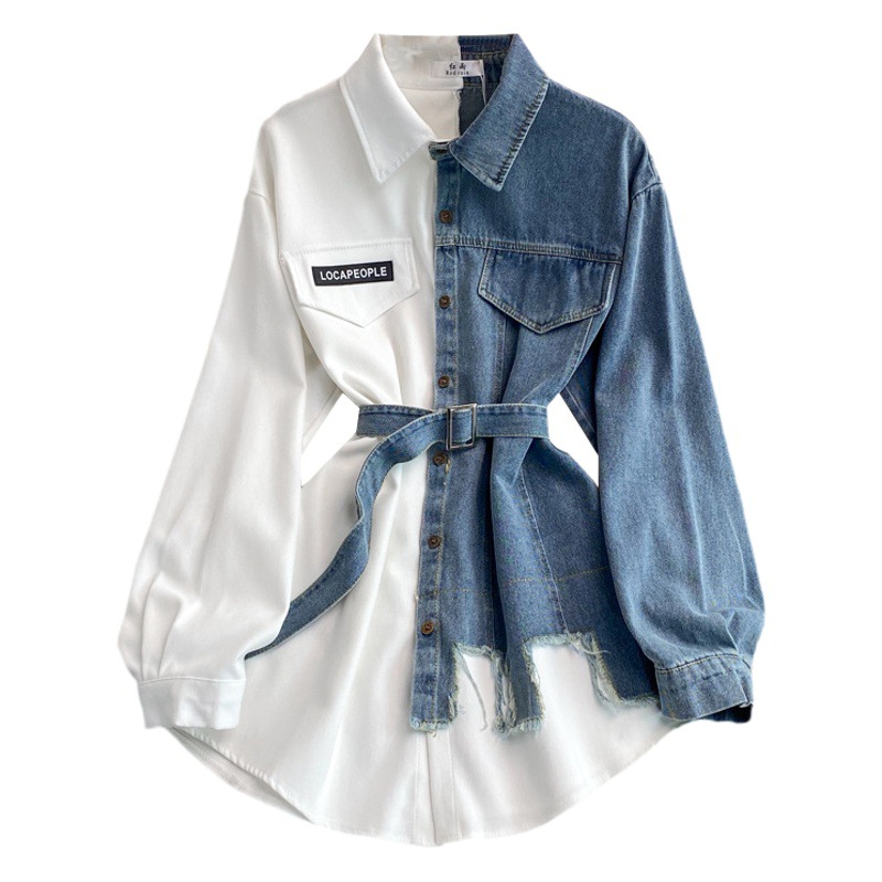 Cross-Border Denim Splicing Lapel Dress 2022 Spring and Autum New Style Waist Slimming Look Asymmetrical Mid-Length Shirt