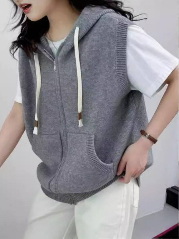 Chinc Fashion Hooded Foreign Wool Blended Knitted Vest Women's Autumn and Winter New Soft Waxy Loose Outer Riding Vest Jacket