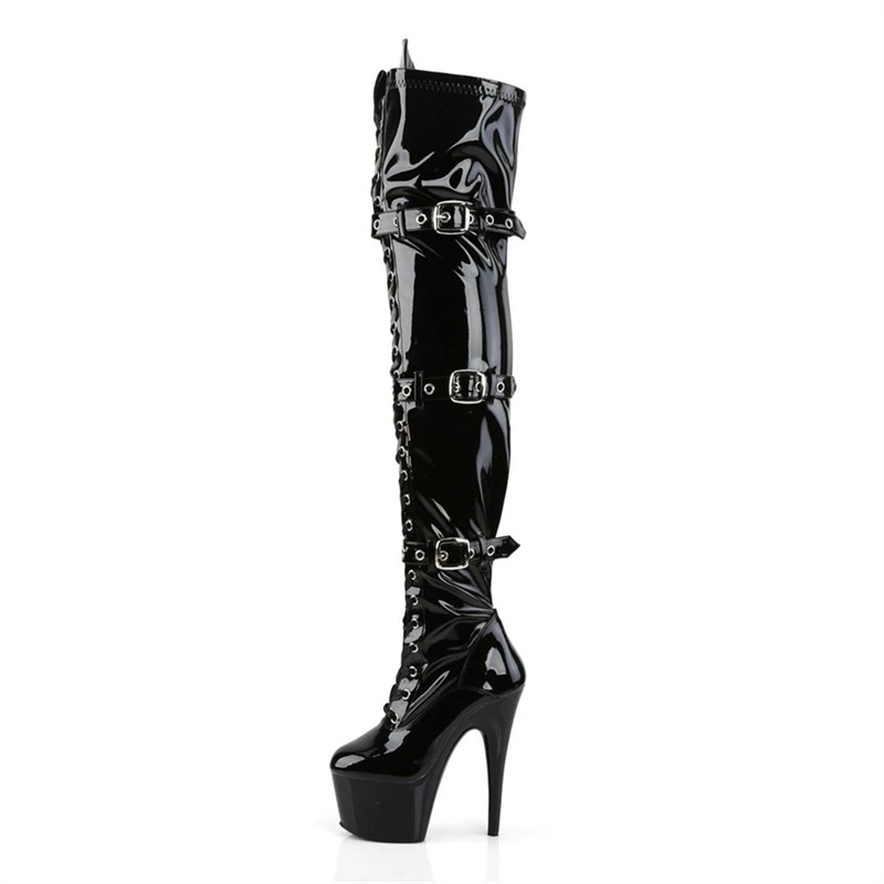Picture of 17cm Super High Heel Boots Spring Banquet Fine Heel High Barrel Spot Fine Heel Round Head Black Solid Color High Top Fashion Boots
