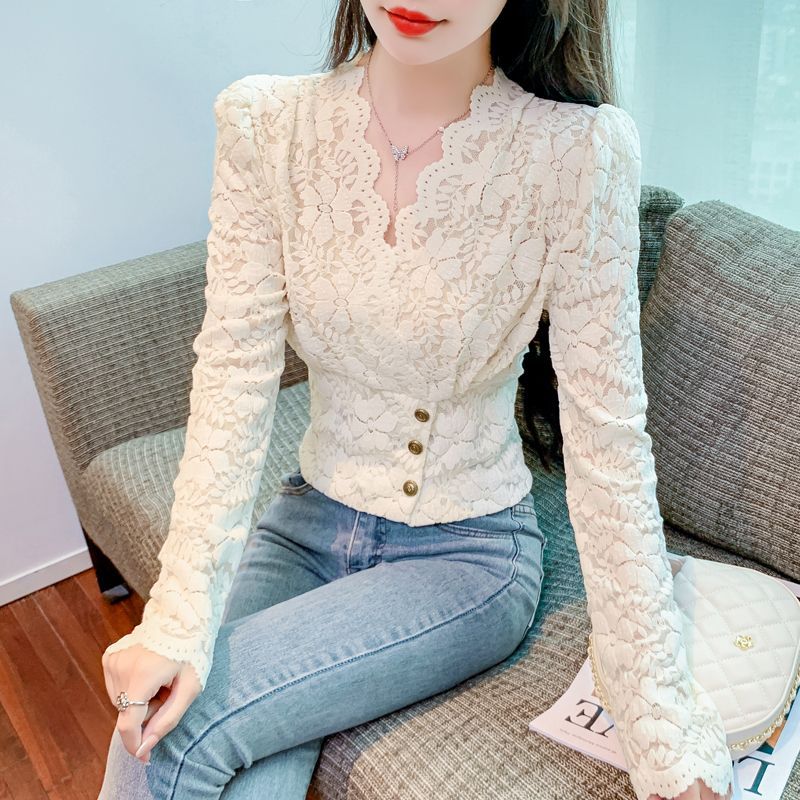 Picture of 2023 Autumn and Winter New Collar Wavy Edge Shirt Lace Shirt Women's Western Style Slim Fit Slimming fleece-lined Thickened Base Shirt