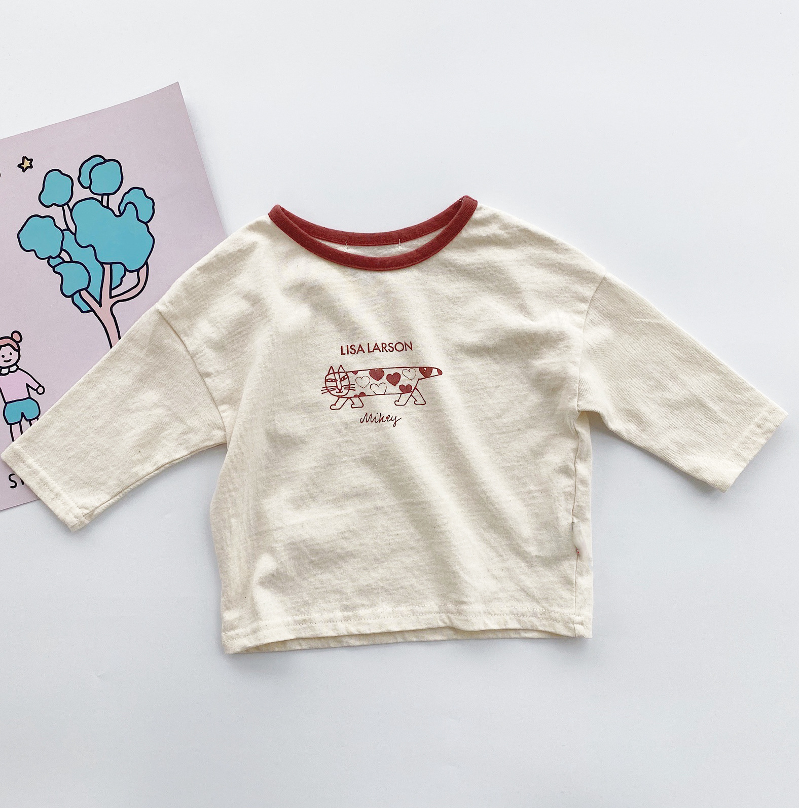 Picture of Children's Korean-style Autumn Children's Wear Top Ins Simple Color-matching Edge Lovely Long Cat Long-sleeved T-shirt for Boys and Girls