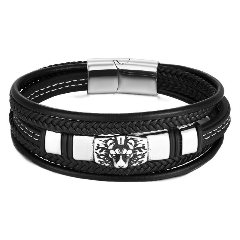 Men's multi-layer stainless steel leather woven bracelet soft leather bracelet cross-border European and American style men's bracelet wholesale
