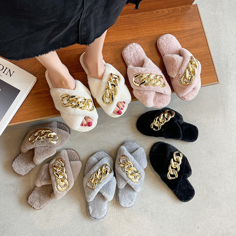 Cotton Slippers Women's Autumn and Winter Indoor Ins Home Home Plush Non-Slip Soft Bottom Cross Chain Hairy Slippers