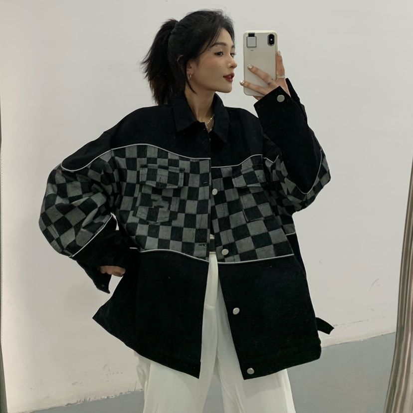 Picture of Checkerboard Stitching Denim Jacket Loose Korean-style Fashionable Autumn and Winter ins High Street All-match Jacket Top for Men and Women Students