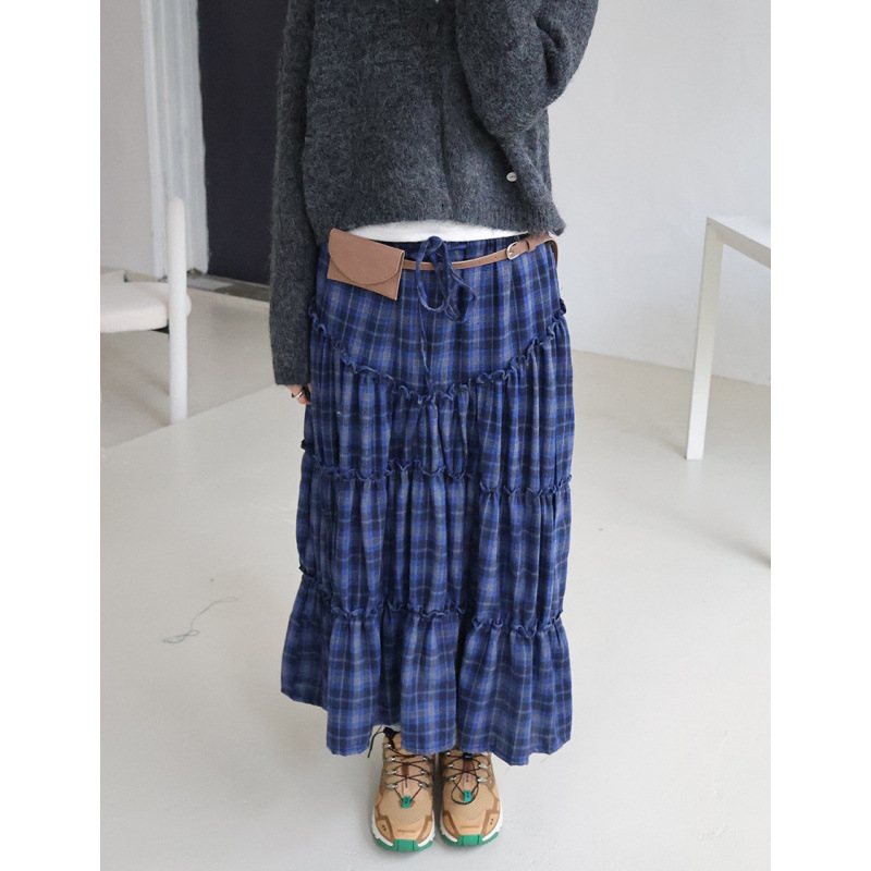Spring New ~ South Korea Dongdaemun ins Retro Small Plaid Pleated Stitching Lace Skirt Japanese Style Long Skirt