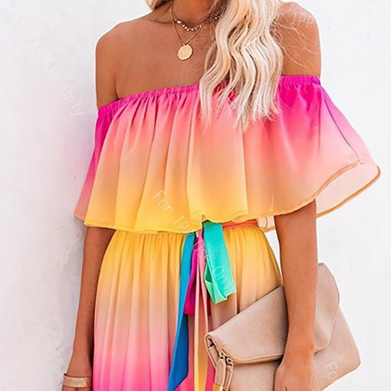 Picture of 2025 Summer Export New Wish Style Rainbow Gradient Dress Amazon Ebay One-Line Collar Cross-Border Dress