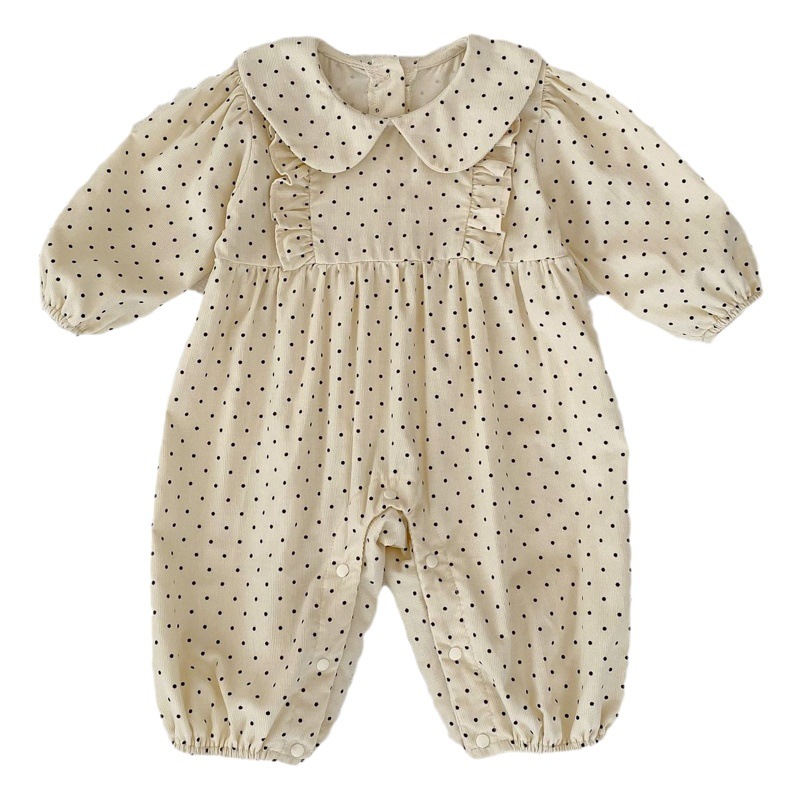 2025 New Baby Jumpsuit Autumn Easiest for Match Lapel Polka Dot Bag Fart Clothes Baby Girl Corduroy Harness Long Romper Suit