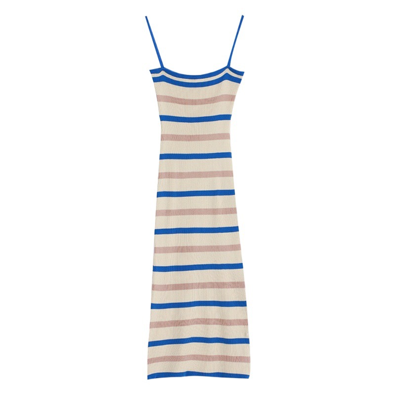 2025 Striped Knitted Suspender Dress Hot Girl Temperament Waist Hip Skirt Mid-Length Retro Sleeveless Skirt