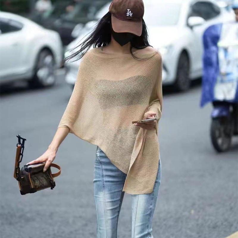 Designed Asymmetrical Cape Shawl Sun Protection Shirt for Women Spring and Summer Loose Lazy Thin Ice Silk Knitwear Top