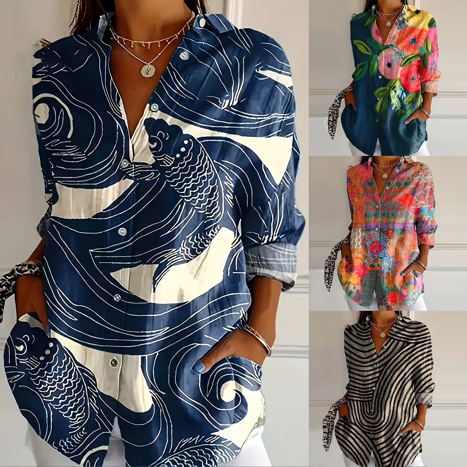 European and American Cross-Border Amazon New Fashion Loose Printed Casual Holiday Shirts Women's Button-Down Shirts Tops