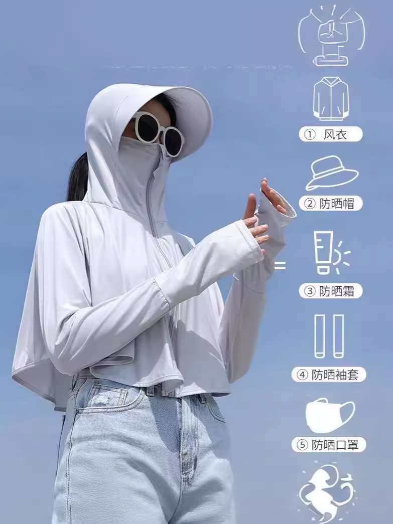 UPS50 Slim-fit Sun Protection Clothing Face-covering UV Protection with Hat Brim Thin Breathable Coat Fingertip Sun Protection Clothing Outdoor