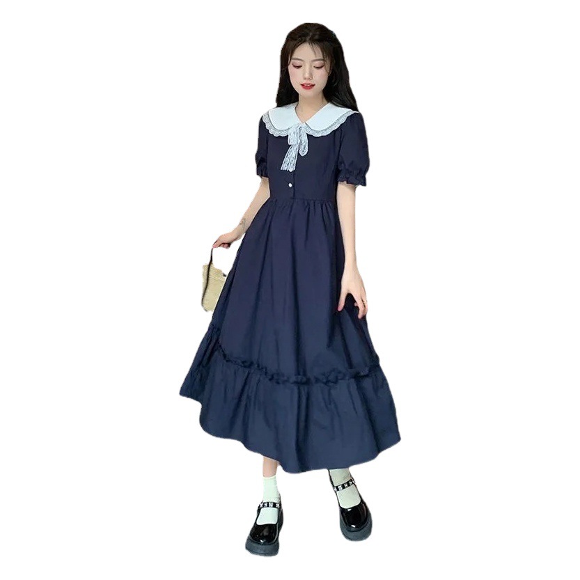 Girl's Dress Doll Collar Summer 12-15 Years Old Middle School Students 13 Girls College Style Over-the-Knee Dress