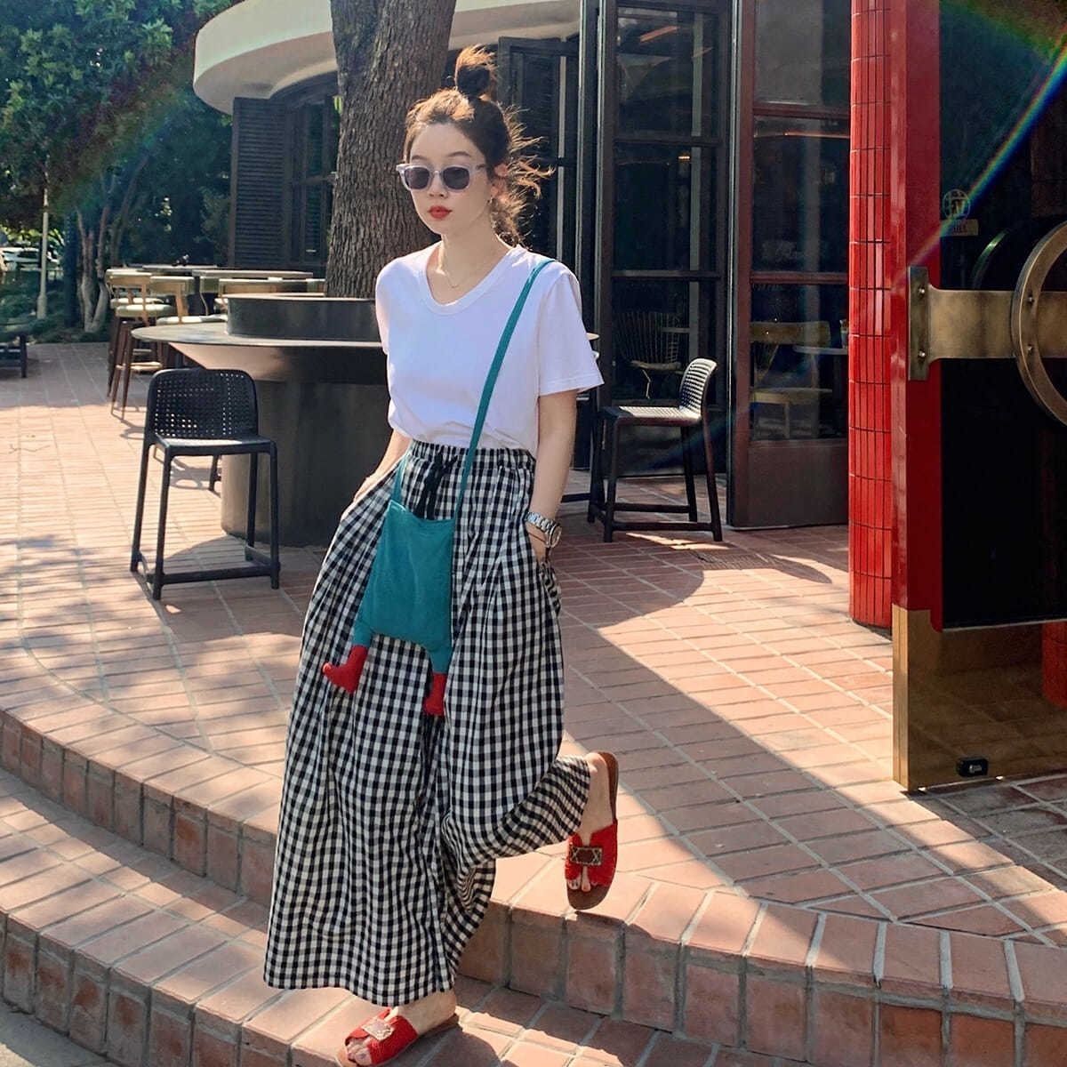 Picture of Summer New 2025 New Arrival Plaid Wide-Leg Culottes Elasticated High Waist Slimming All-Match Trousers Loose Casual Pants for Women