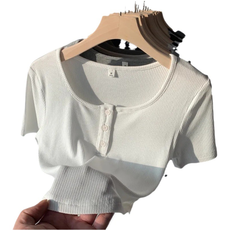 Grey Shoulder T-Shirt Women's Short-sleeved Design Sense Niche Summer New Slim-fit Slimming Spice Girls U-collar Short Top Trendy