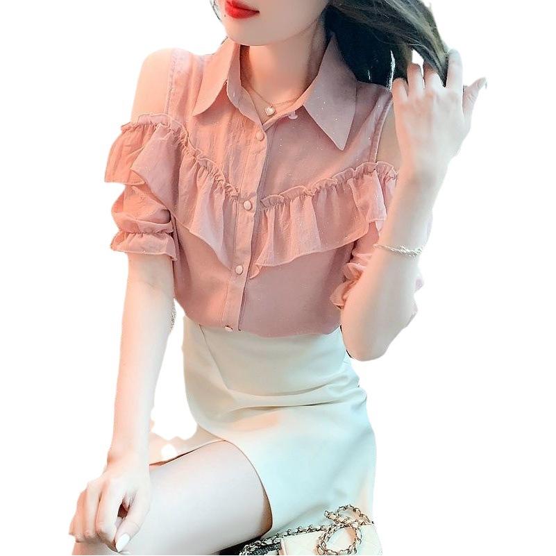 Fashion Temperament Shoulder Chiffon Shirt Women's Summer 2024 New Arrival Short-sleeved Shirt Western Style Top Shirt