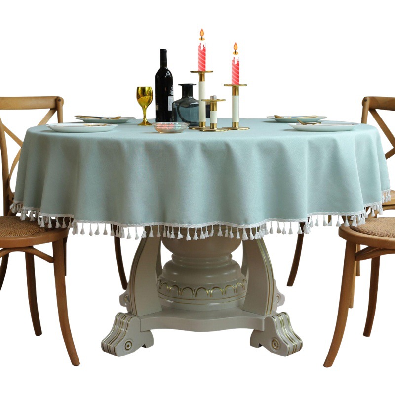 Large Round Tablecloth French Solid Color Plain Cotton and Linen Tassel Lace Round Table Mat Party Tablecloth