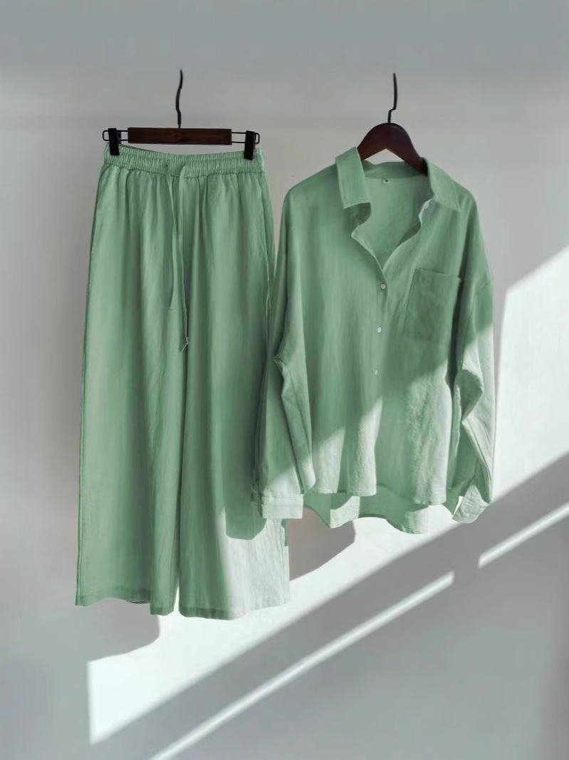 AliExpress Spring Cross-border plus size Retro Linen Long-sleeved Shirt suit Fashion High Waist Loose Ankle-length Pants Two-piece Set