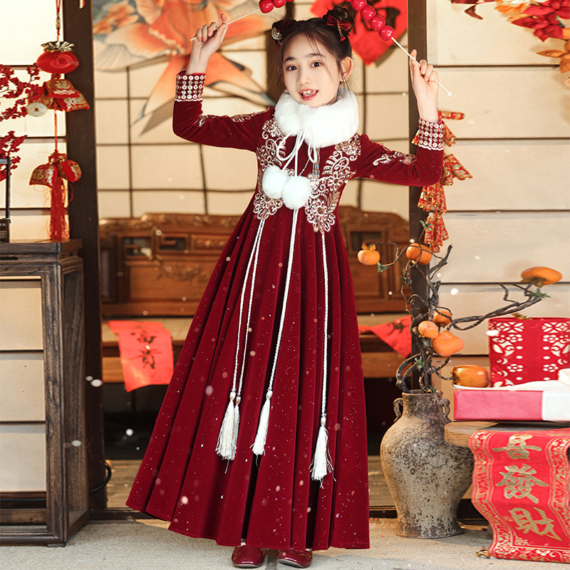 Children's Autumn and Winter Skirt fleece-lined Antique Princess Girls' Hanfu New Year's Eve New Year's Eve Clothing Winter Guofeng New Year's Eve Clothing