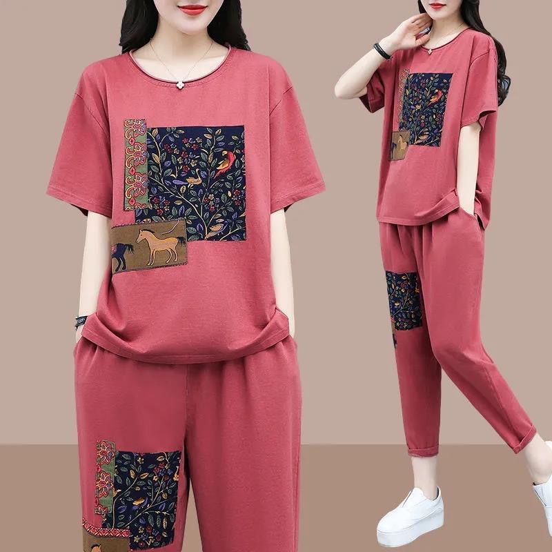 2022 summer New Age-reducing plus size printed artistic short-sleeved shirt women's casual fashion loose slimming two-piece set
