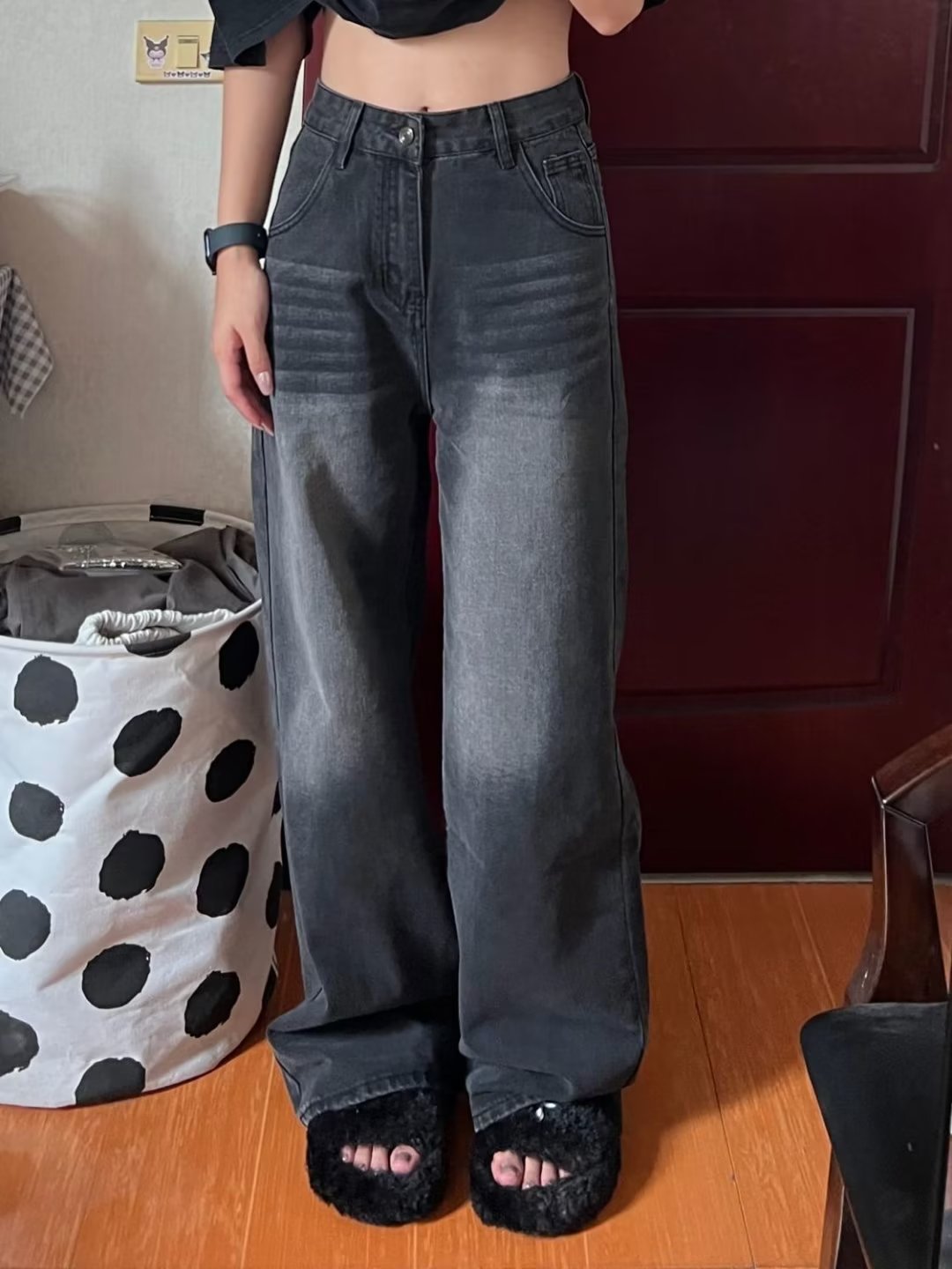 Washed Jeans Plus Size Women's Fat mm Slimming Look High Waist Pear-Shaped Figure Covering the Crotch, Wide Legs, Thick Loose Straight Wide Leg Pants