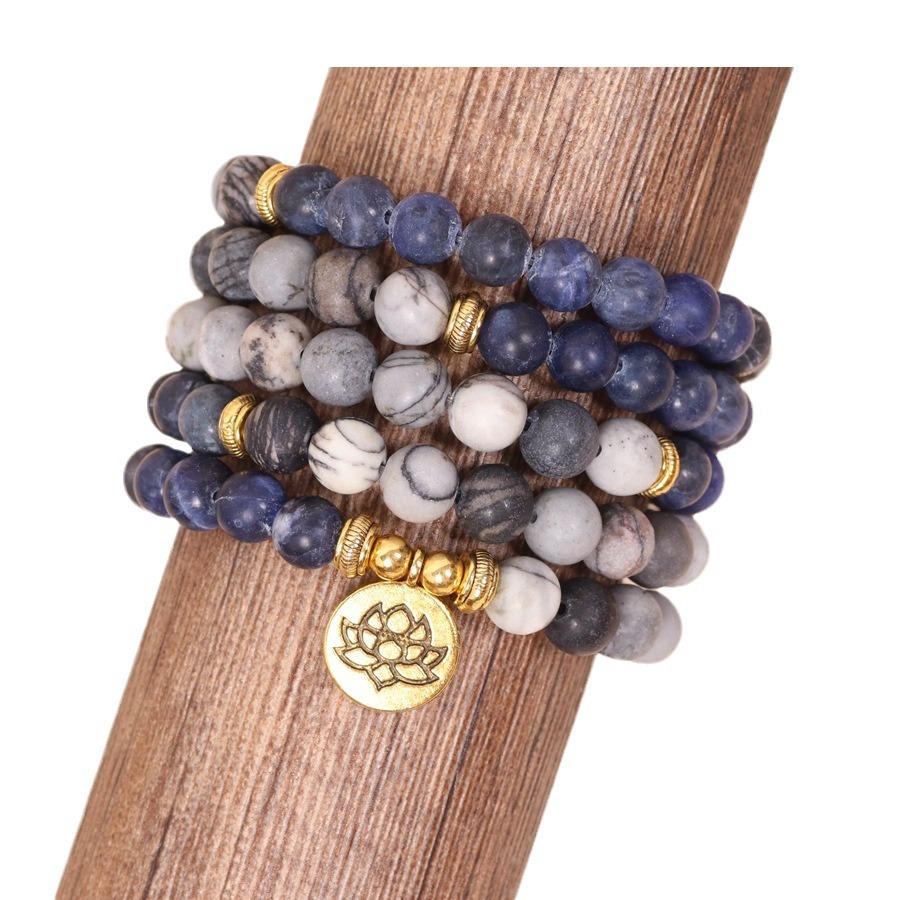 Picture of 108 beads bracelet Lotus pendant multi-layer bracelet blue pattern network stone beaded bracelet