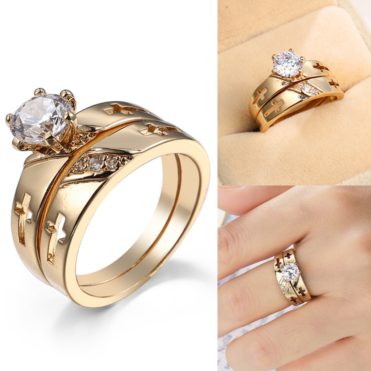 Cross-border supply AliExpress wish new high-quality European and American zircon creative cross jewelry ring couple ring