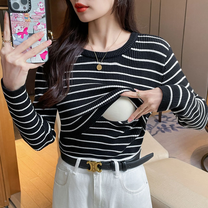 2024 Autumn and Winter Thickened Warm Nursing Sweater Postpartum Moon Stripe Slimming Nursing Knitted Pregnant Women Base Clothes