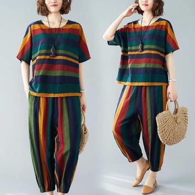 Cross-border plus size Mom suit Fashion Western Style Summer Loose Artistic Retro Striped Short Sleeve Casual Two-piece Set