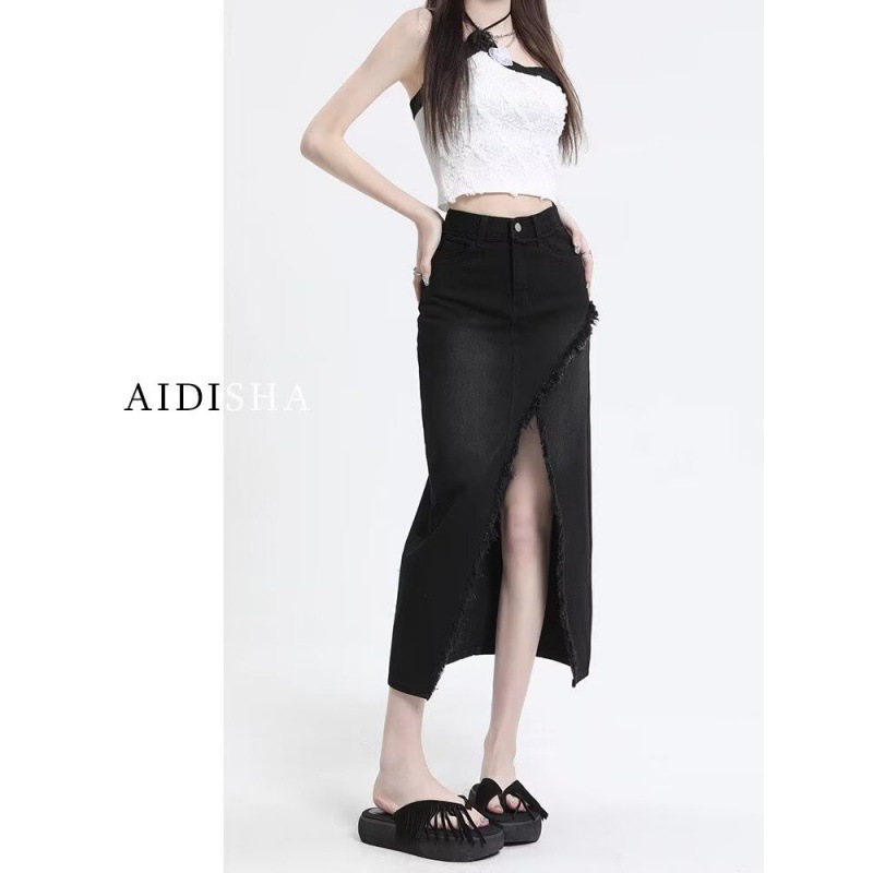 Cross-border Denim Skirt Women's 2024 Four Seasons New High Waist Slimming Fur Edge Mid-length A- line Skirt Simple All-match