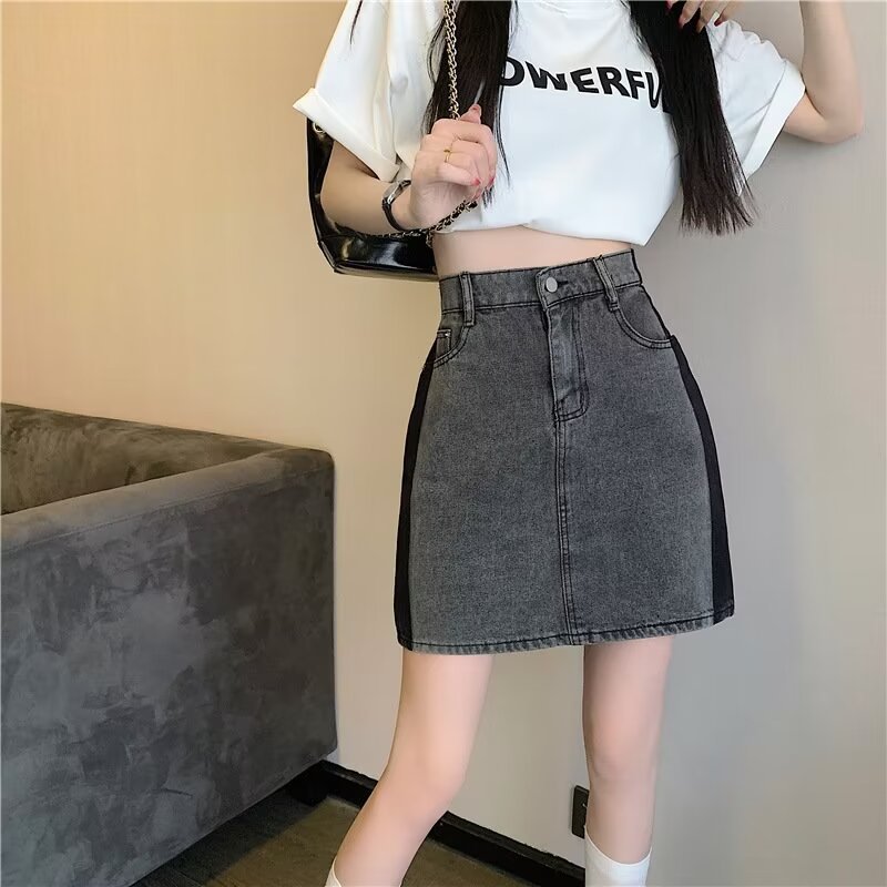 Summer New Denim Short Skirt a-line Skirt Women's Fashion Gray High Waist Slim Versatile Hip Skirt Pants Women ins