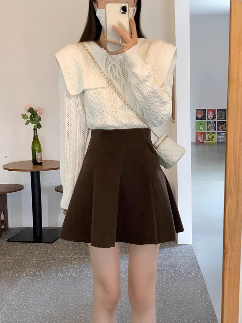 plus size chubby girl Woolen Skirt for Autumn and Winter Women's Small High Waist Slimming Pleated Skirt A- Line Short Skirt Covering Umbrella Skirt