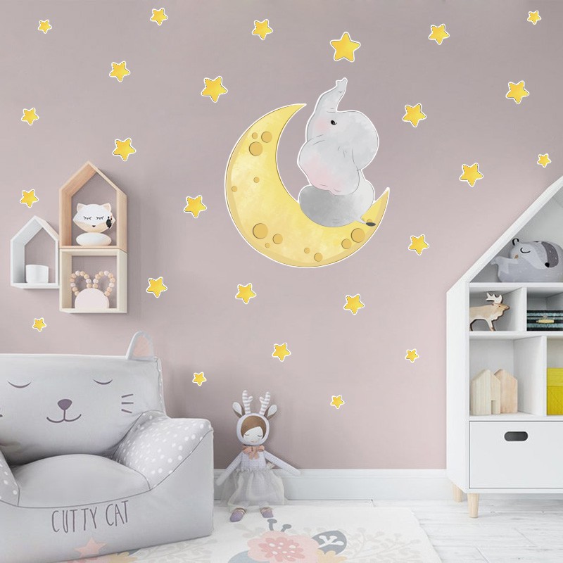 Picture of Amazon cartoon wallpaper elephant star stickers ins creative bedroom decoration wall stickers PVC background wall stickers