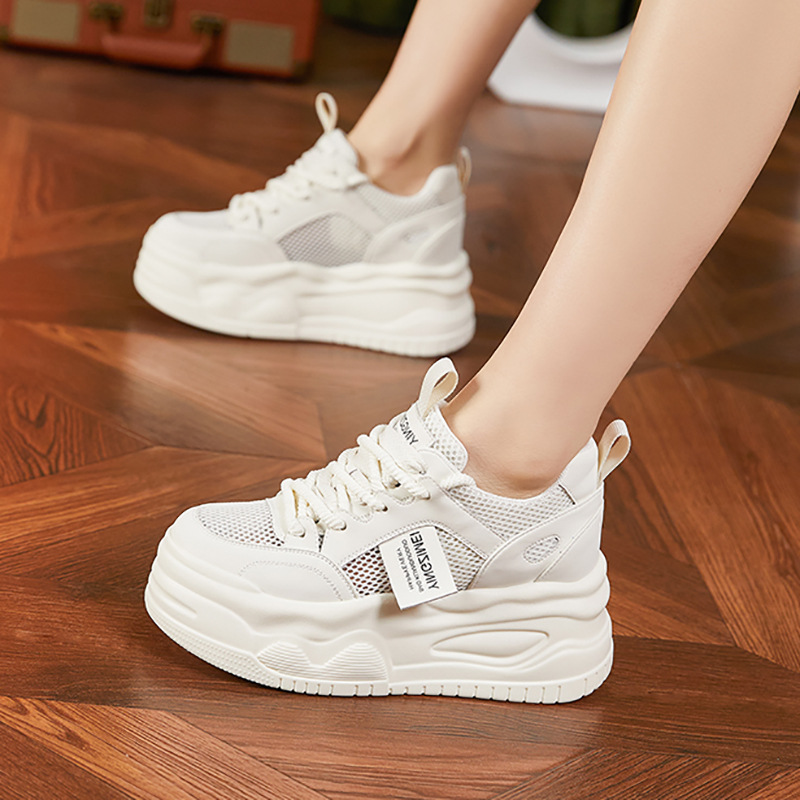 Thick-Soled White Shoes for Women 2025 Spring New Versatile Trendy Breathable Mesh Platform Shoes for Small People with Inner Heightening Women's Shoes