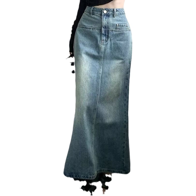 Hong Kong style retro split Denim skirt women's clothing 2023 spring new high waist all-match A- line skirt mid-length skirt