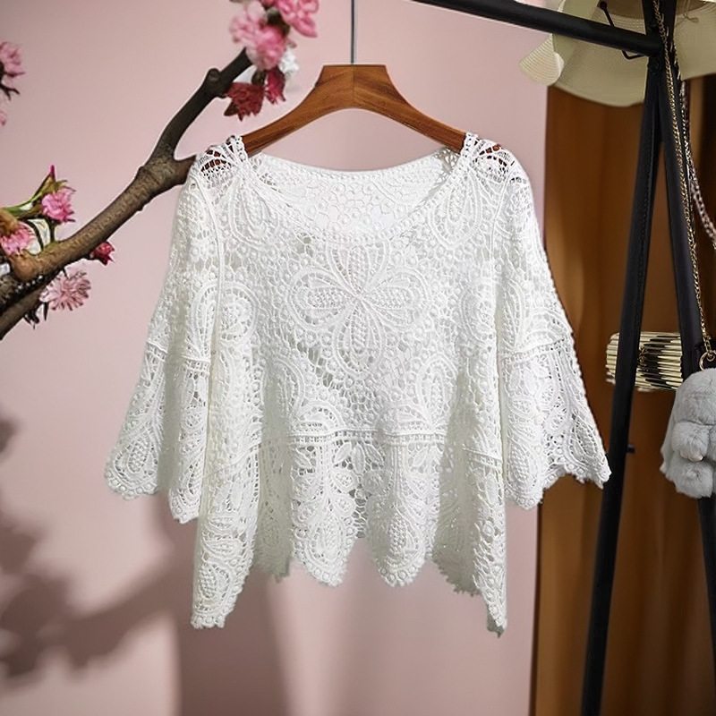 Seaside vacation hollow crochet cover-up with sweet spicy girl outfit for a pure and alluring style, paired with a bohemian sun-protective sheer top