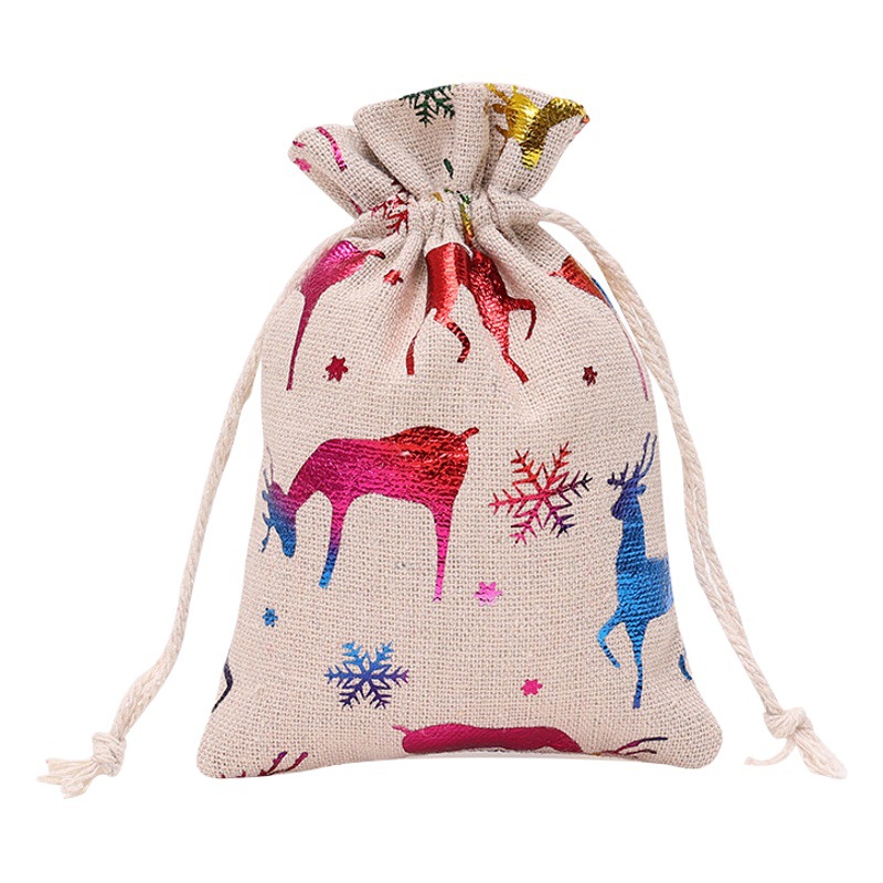 Qiaoding Amazon Best-Selling New Christmas Bronzing Cotton and Linen Drawstring Flap Pocket Pants Gift Cloth Bag Candy Drawstring Bag Wholesale