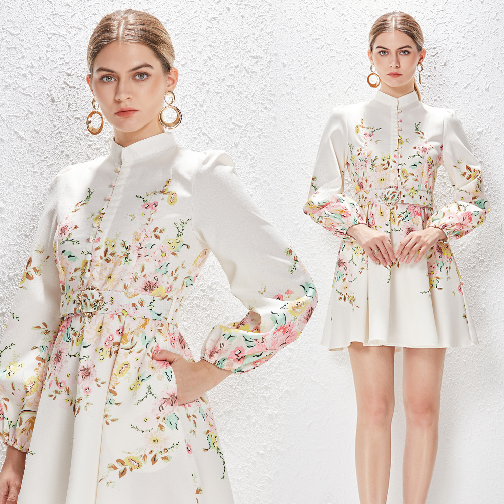 Cross-Border Foreign Trade Spring and Summer New Style Stand Collar Single-Breasted Lantern Sleeve Positioning Printed Dress Feminine Short Skirt for Women