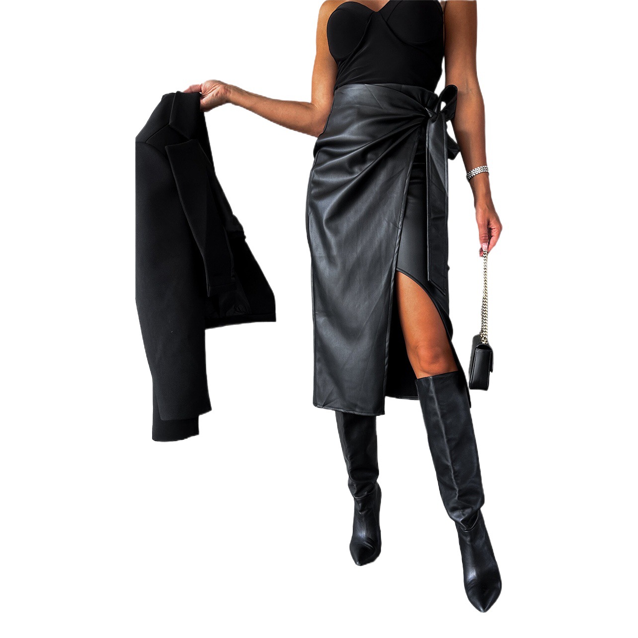 Foreign trade autumn and winter new women's clothing European and American split lace-up high waist sexy sheath punk style half-length leather skirt-23139